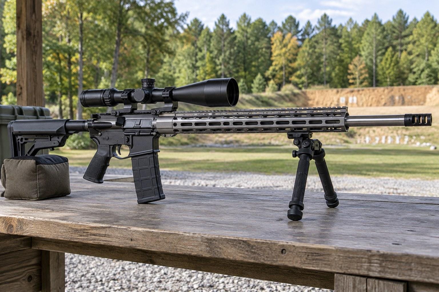 Scoped black rifle with bipod positioned on a wooden shooting bench near a gravel range and trees.