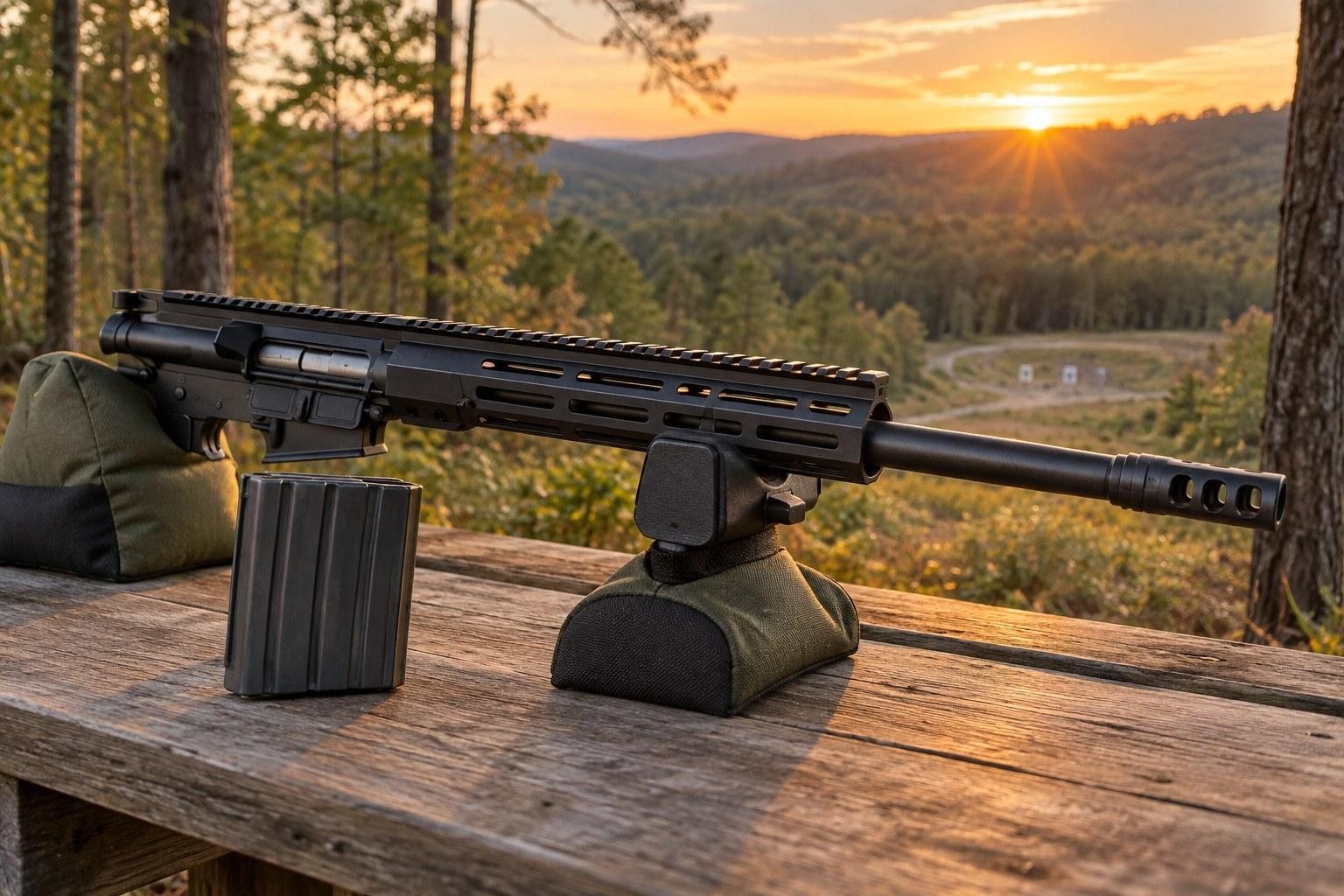 Black long gun displayed on padded supports atop a wooden bench overlooking a forested sunset landscape.
