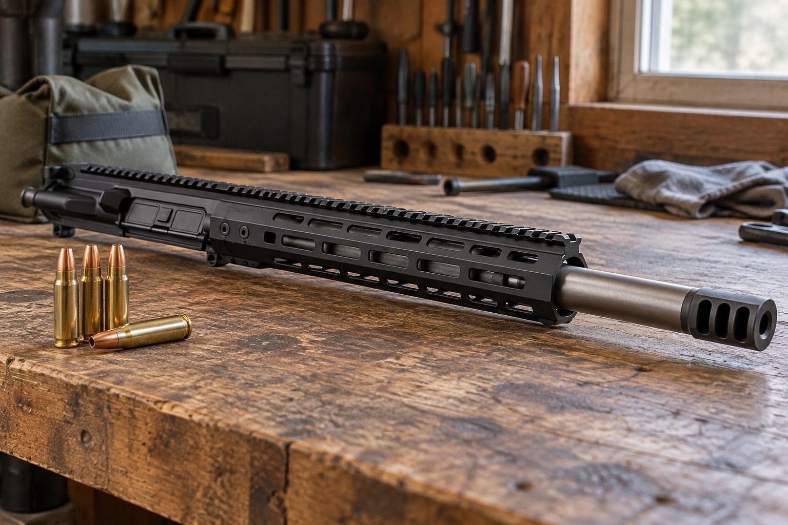 Black rifle with long ventilated handguard lies on a wooden workbench beside brass cartridges.