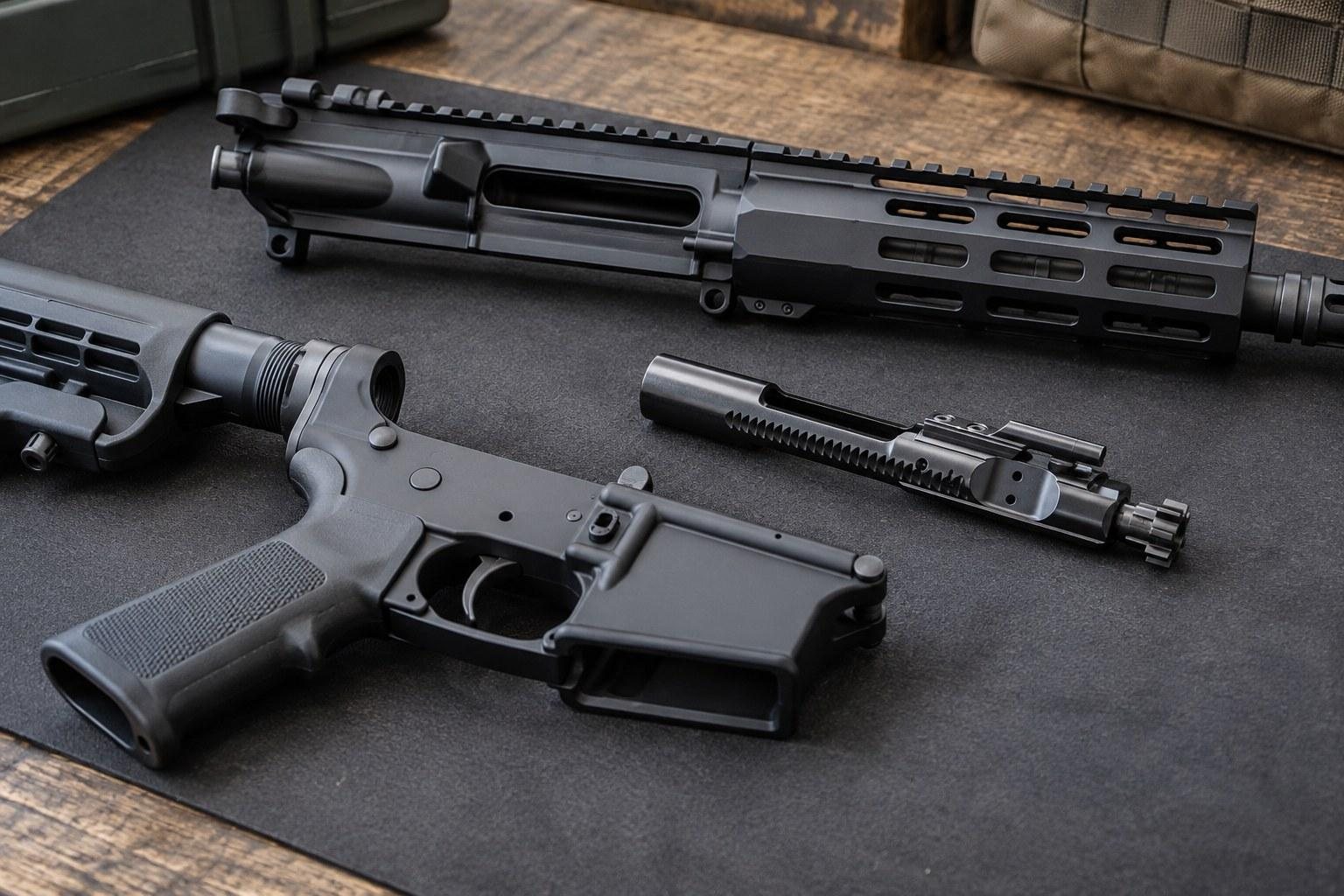 Disassembled black rifle components and upper assembly arranged on a dark work mat.