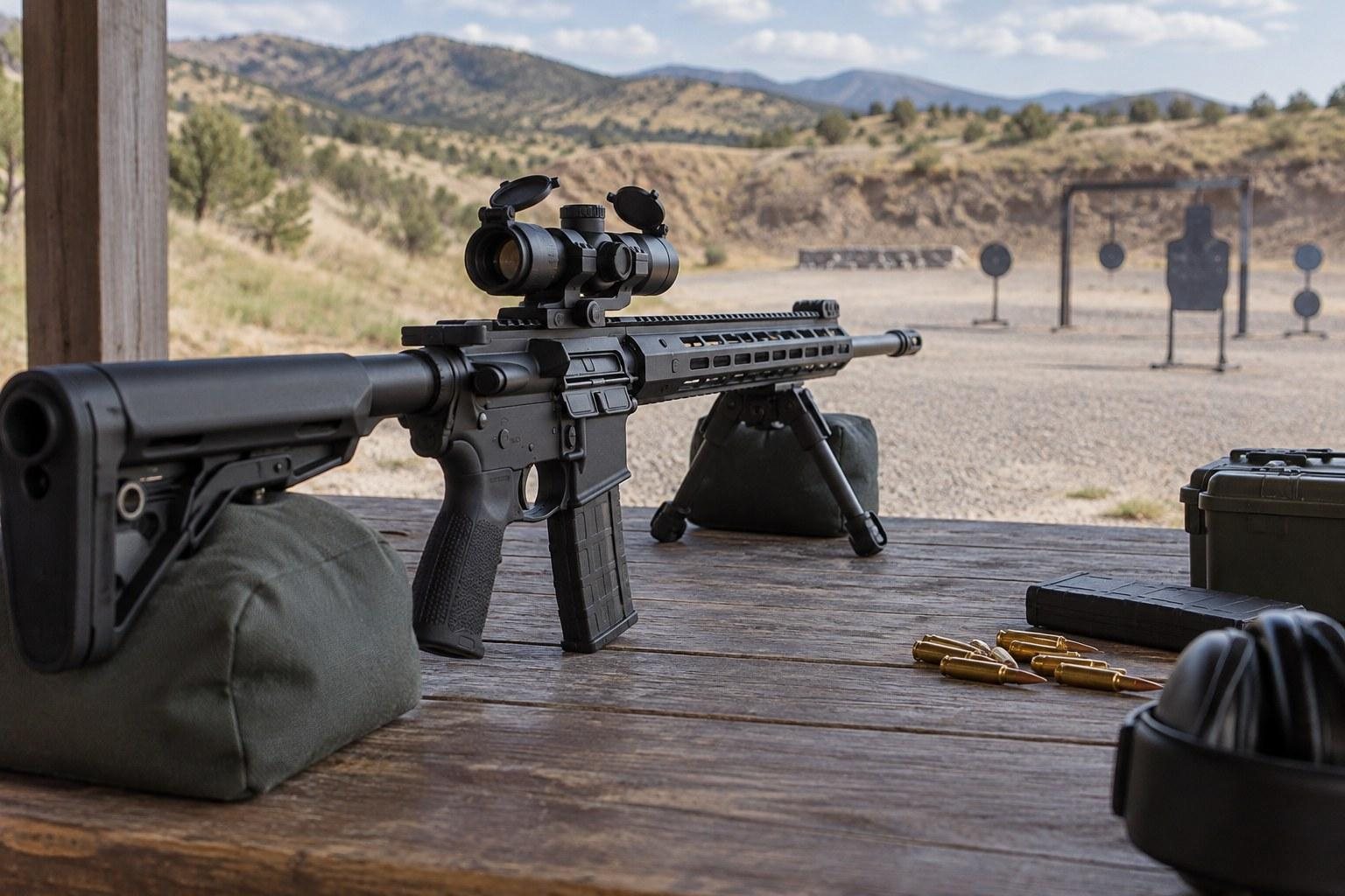 Black rifle with scope rests on a bench overlooking outdoor circular shooting targets.