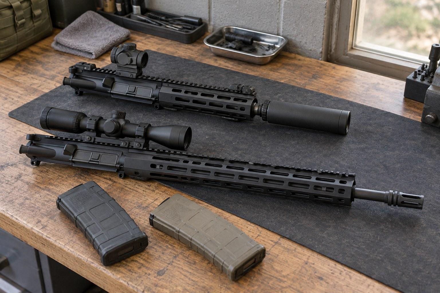 Two black rifles with scopes and magazines arranged on a workbench beside tools and trays