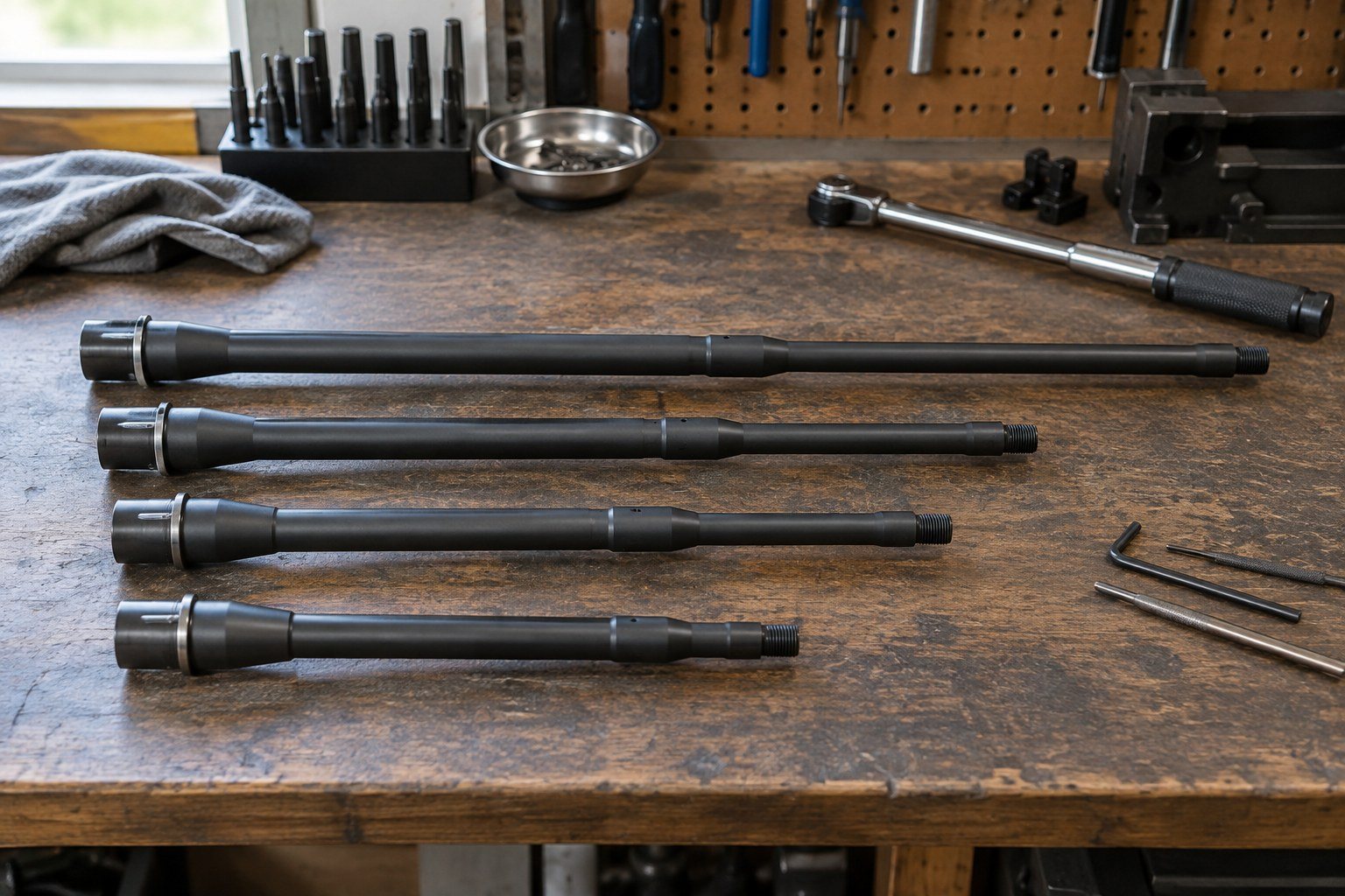Four long metal barrels arranged on a wooden workbench with tools and workshop fixtures behind them