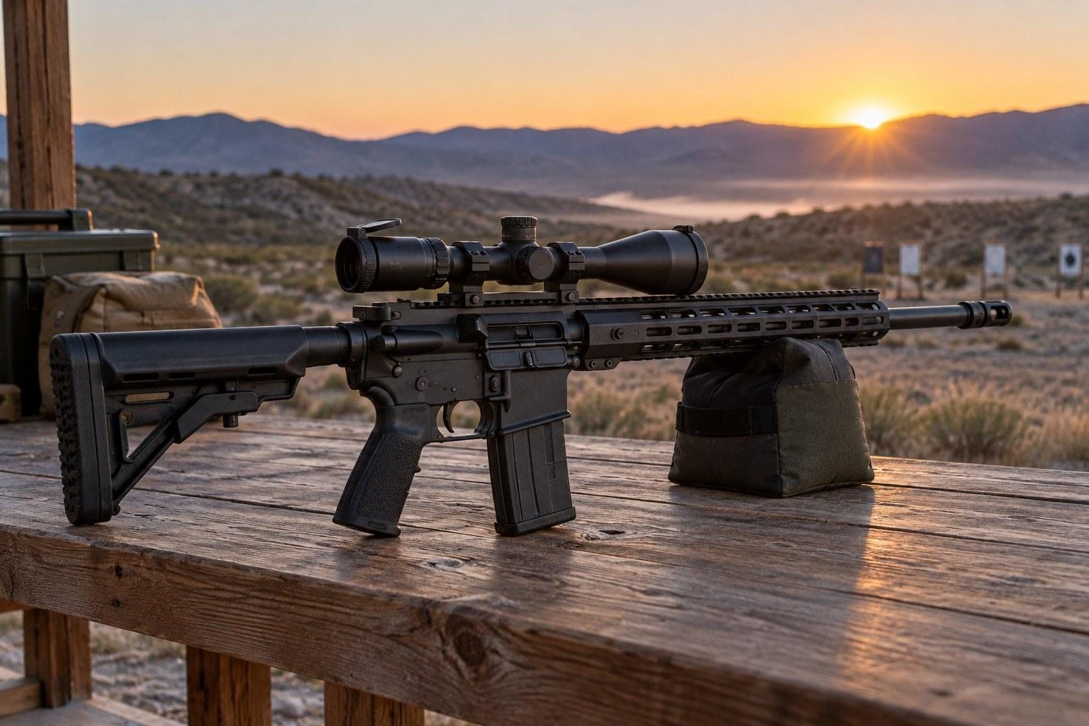 Black rifle with mounted scope resting on a wooden bench overlooking a desert mountain landscape at sunset
