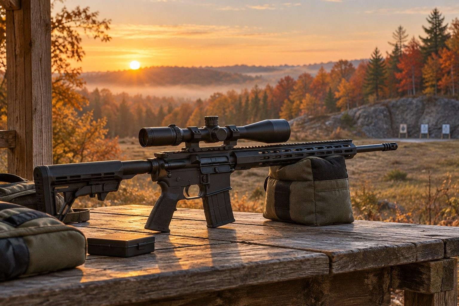 Scoped black rifle on a wooden bench overlooking an autumn valley at sunset