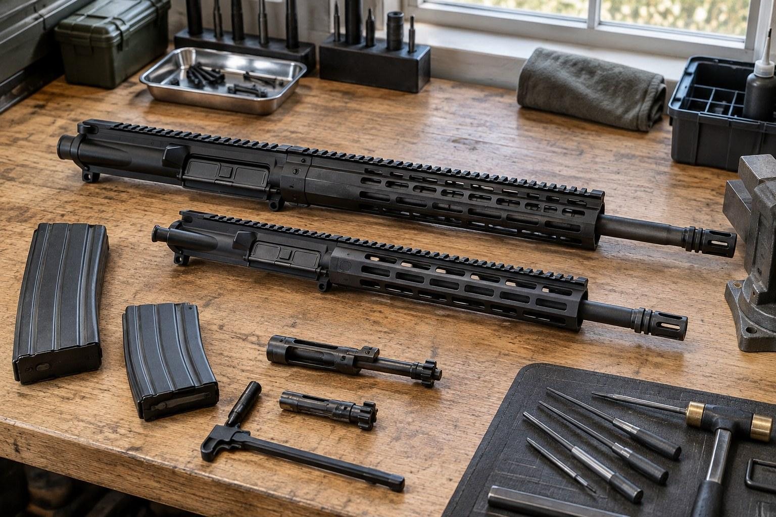 Two black rifle uppers, magazines, components, and tools arranged across a wooden workbench
