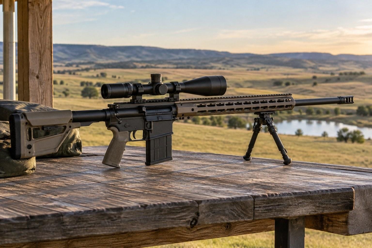 Scoped black rifle with bipod displayed on a wooden bench overlooking rolling countryside