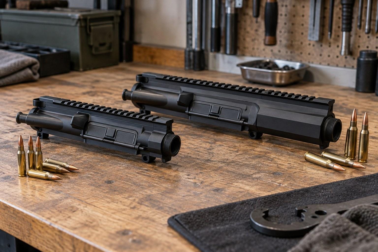 Two black rifle upper assemblies on a wooden workbench with loose cartridges and workshop tools.