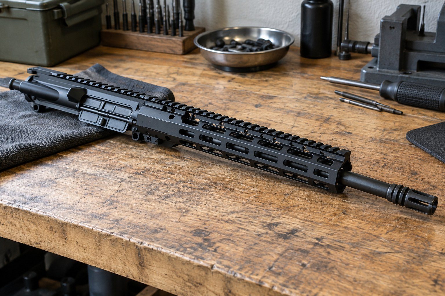 Black rifle upper assembly lying diagonally on a wooden workbench surrounded by tools and metal parts.
