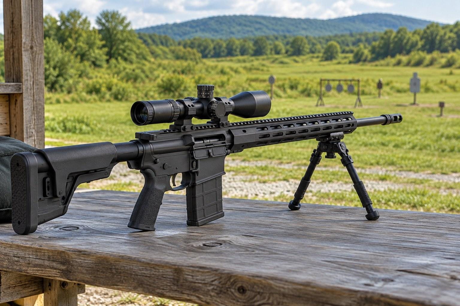 Black scoped rifle with bipod positioned on a wooden shooting bench overlooking green fields and wooded hills.