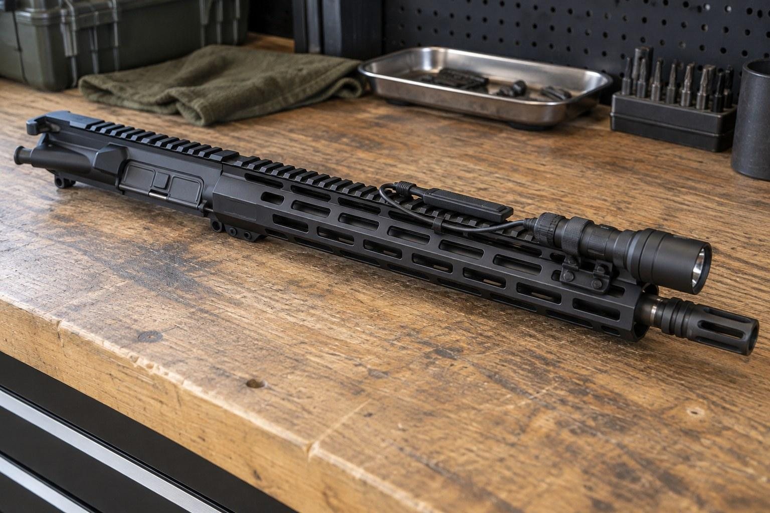 Black rifle resting diagonally on a wooden workbench with mounted scope, tools, metal tray, and folded cloth behind it.