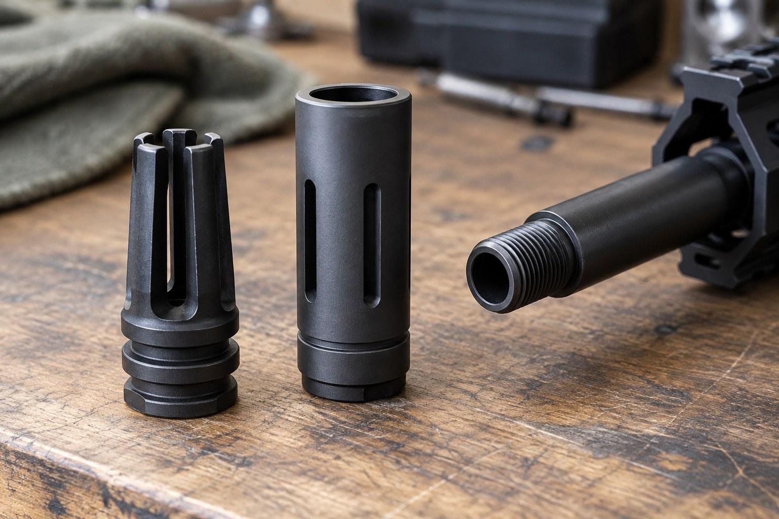 Two black cylindrical metal components standing beside a rifle barrel on a wooden workbench.