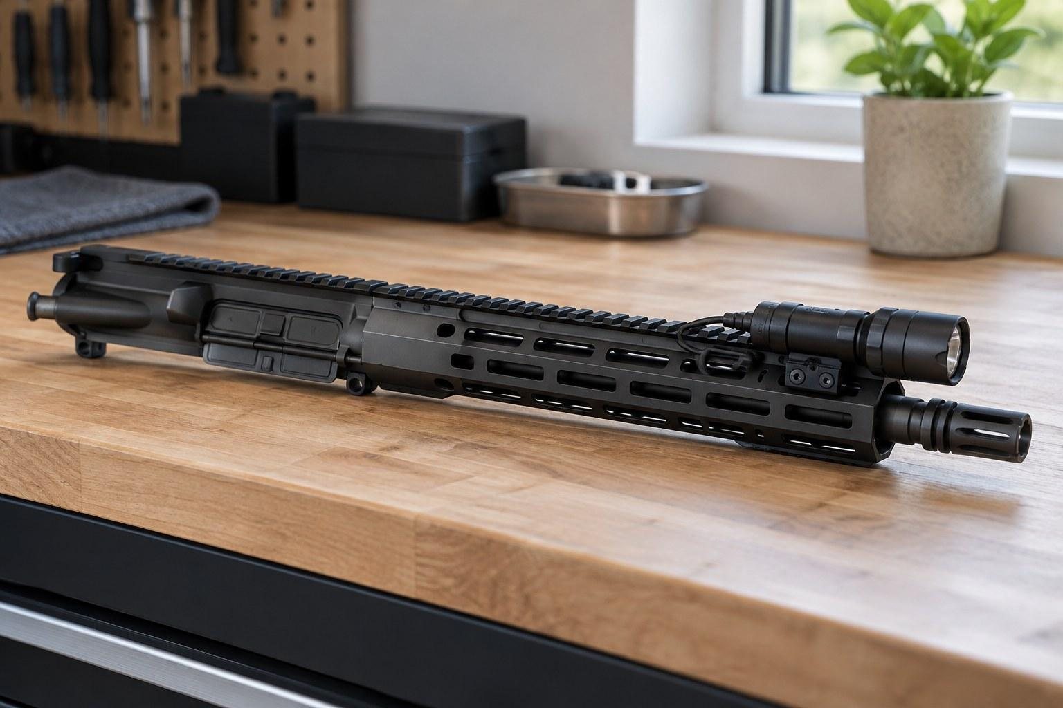 Black rifle upper assembly with mounted optic rests on a wooden bench near a window and potted plant.