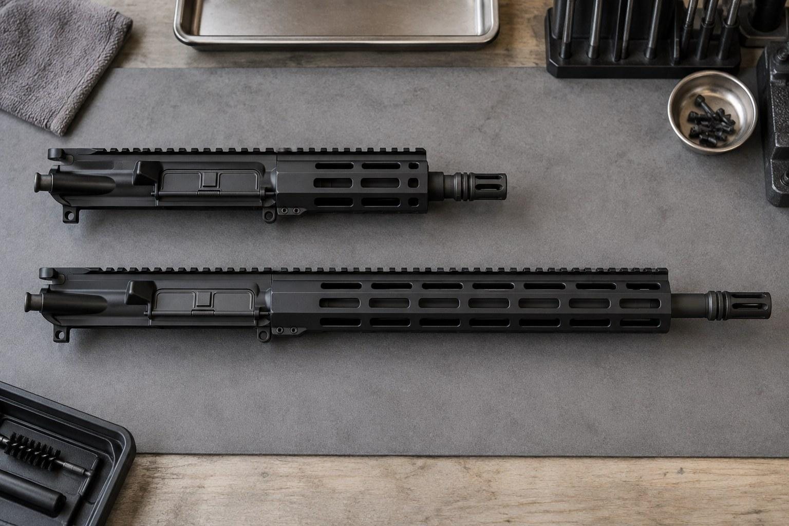Two black rifle upper assemblies lie parallel on a gray work surface beside tools, trays, and small metal parts.