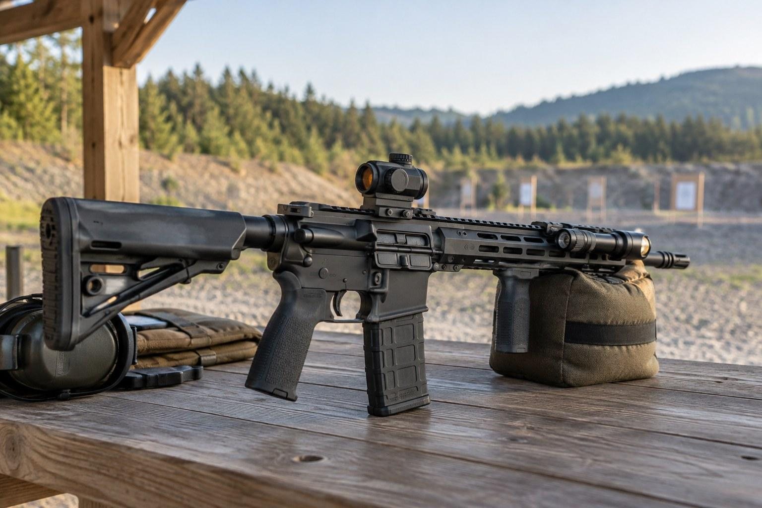 Black rifle with mounted optic and magazine rests on a wooden shooting bench overlooking trees and hills.