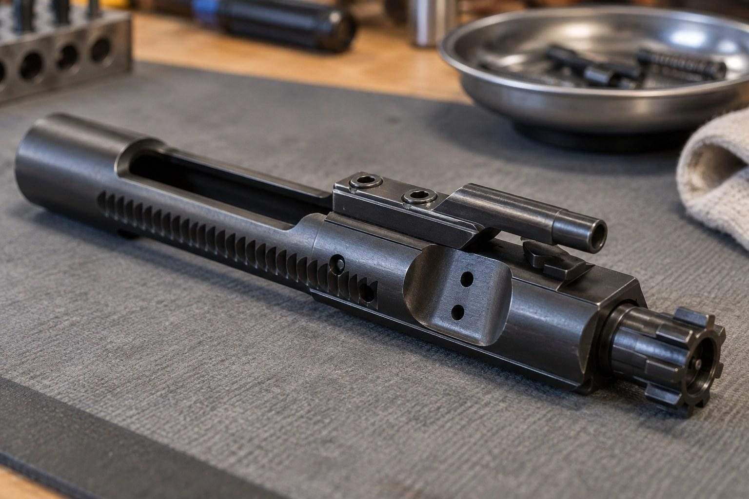 Disassembled black rifle components arranged on a gray work mat beside a shallow metal dish.