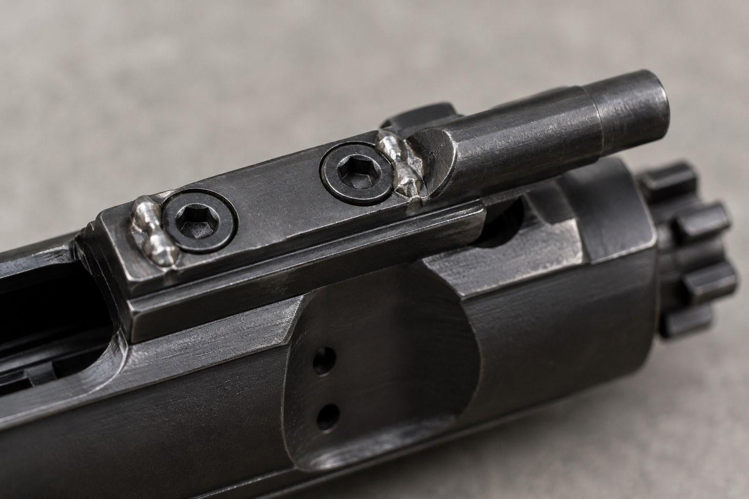 Close-up of dark metal rifle components showing a cylindrical section, screws, and toothed rear piece.