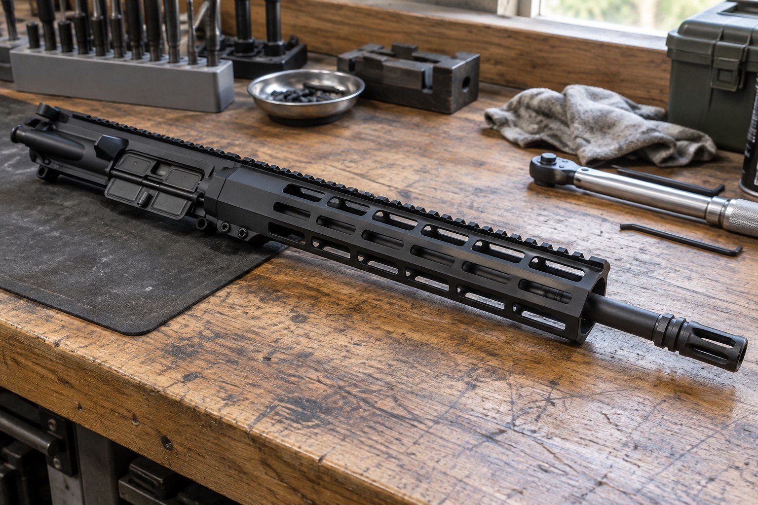 Black rifle resting on a scratched wooden workbench with tools, metal parts, and cloth in the background.