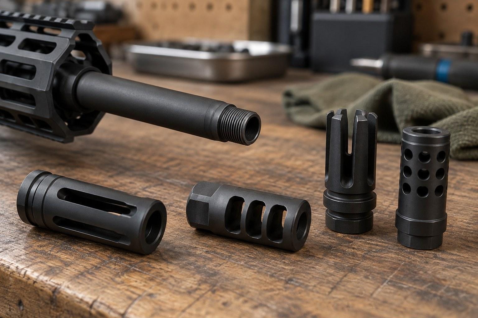 Close-up of a black barrel with four cylindrical muzzle devices arranged on a wooden workbench