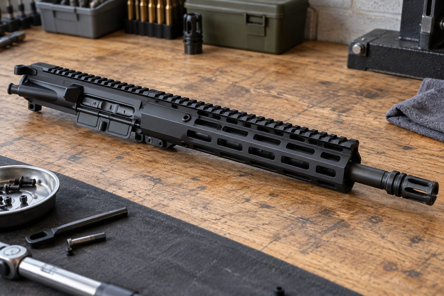 Black rifle upper assembly resting on a wooden workbench beside tools and ammunition