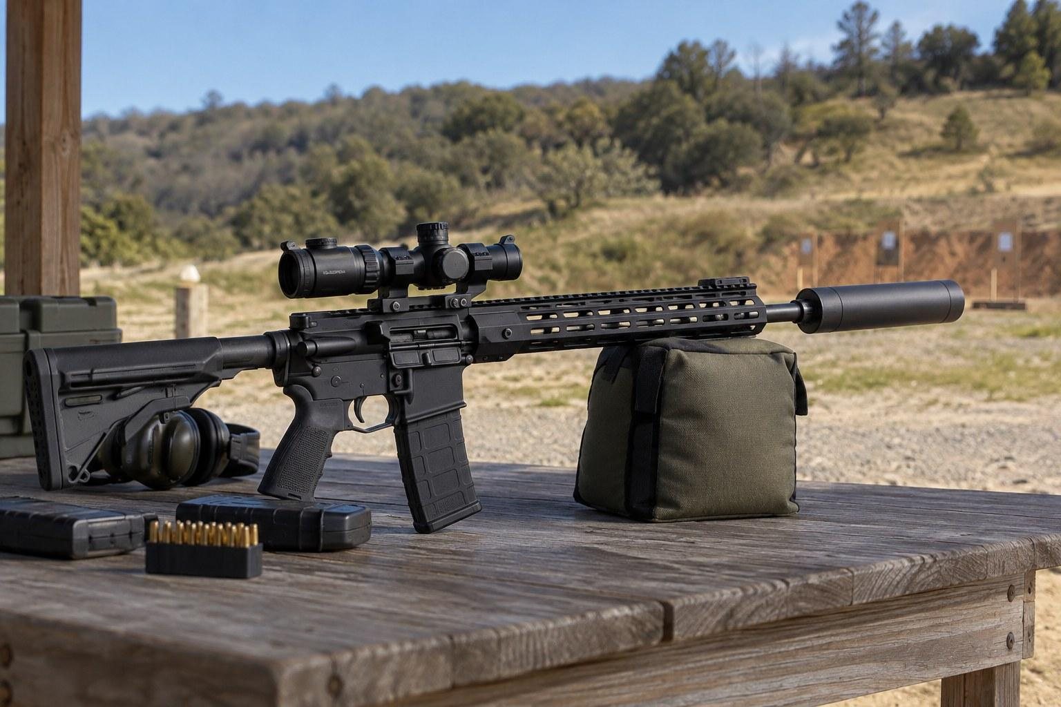 Black rifle with scope and suppressor positioned on a shooting bench outdoors