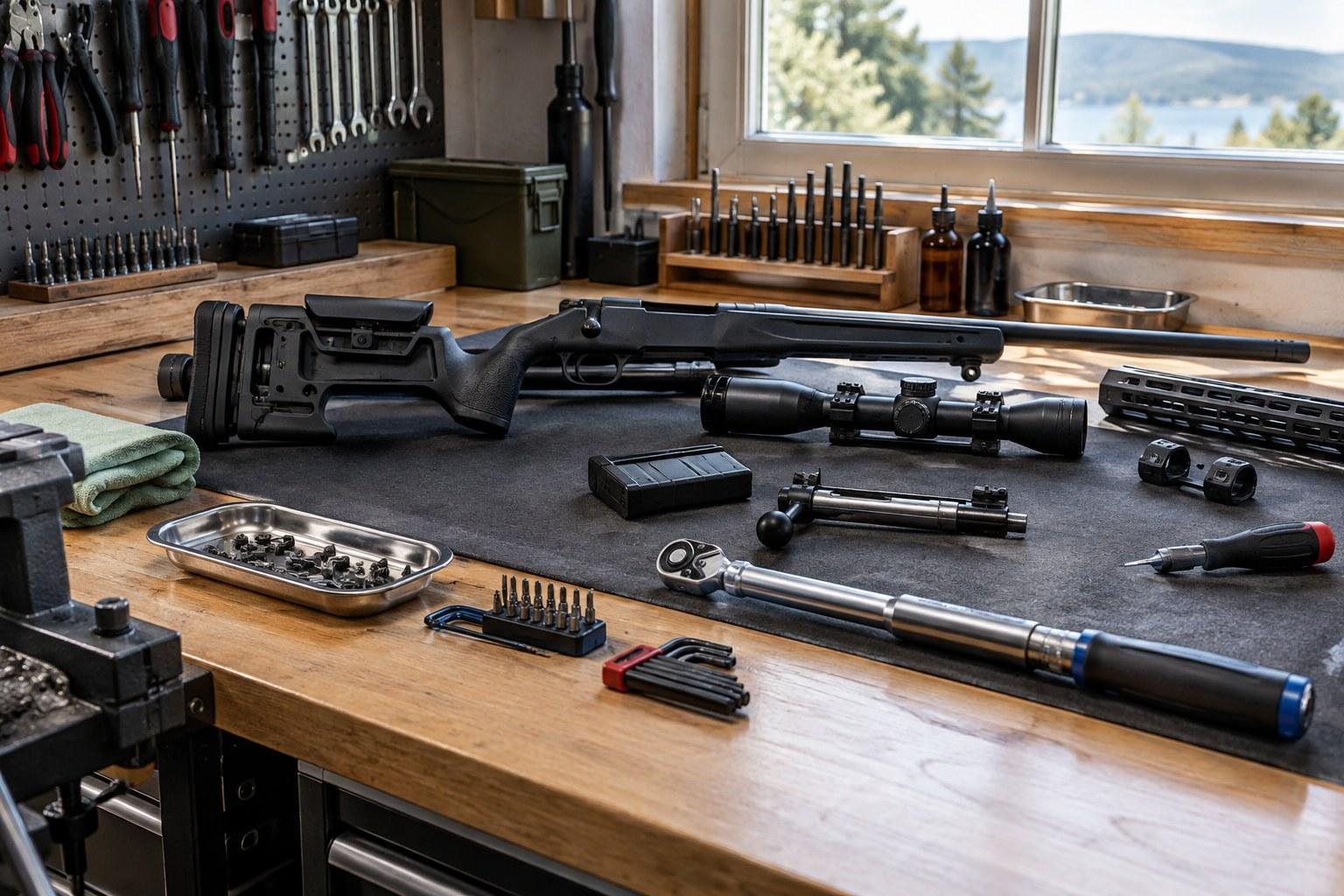 Guns, scopes, tools, and parts arranged on a wooden workshop bench beside a window