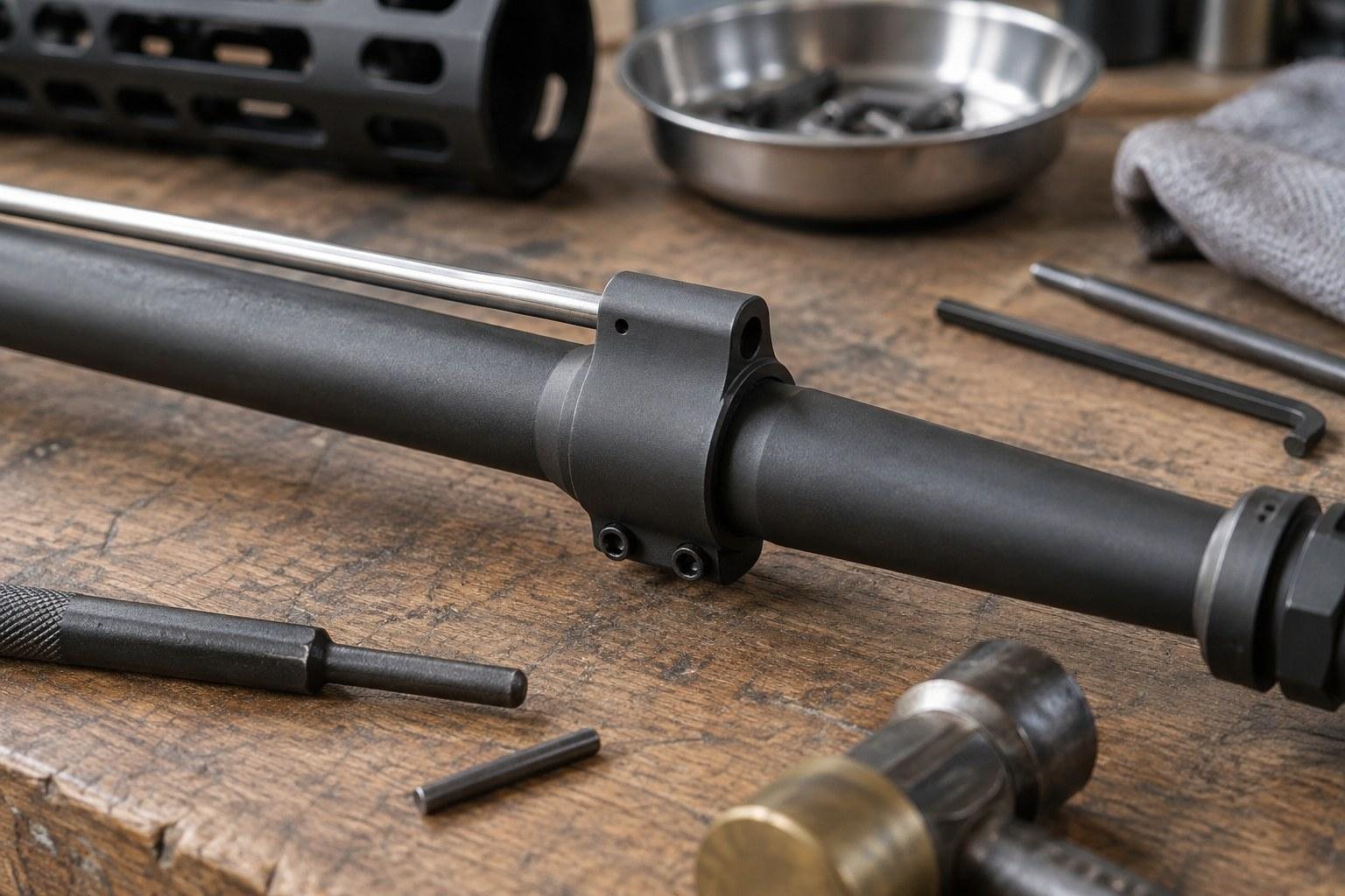 Close-up of a black cylindrical rifle component on a workbench with tools and metal bowls