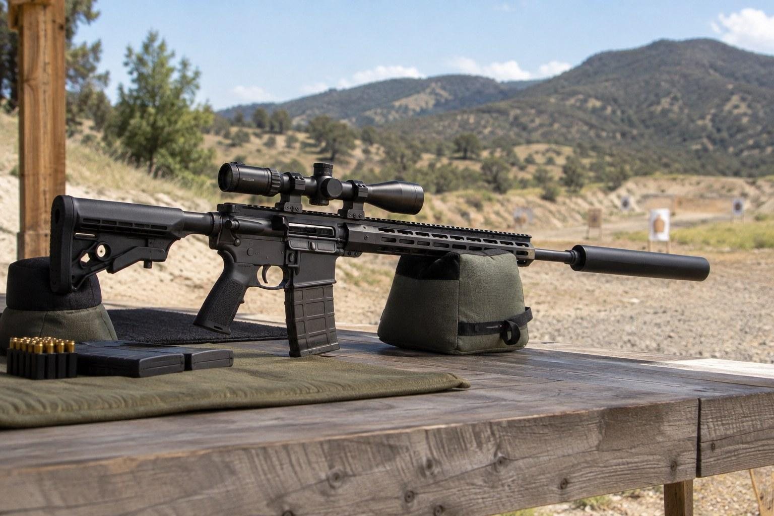 Black scoped rifle on a wooden outdoor bench with ammunition and mountains in the background