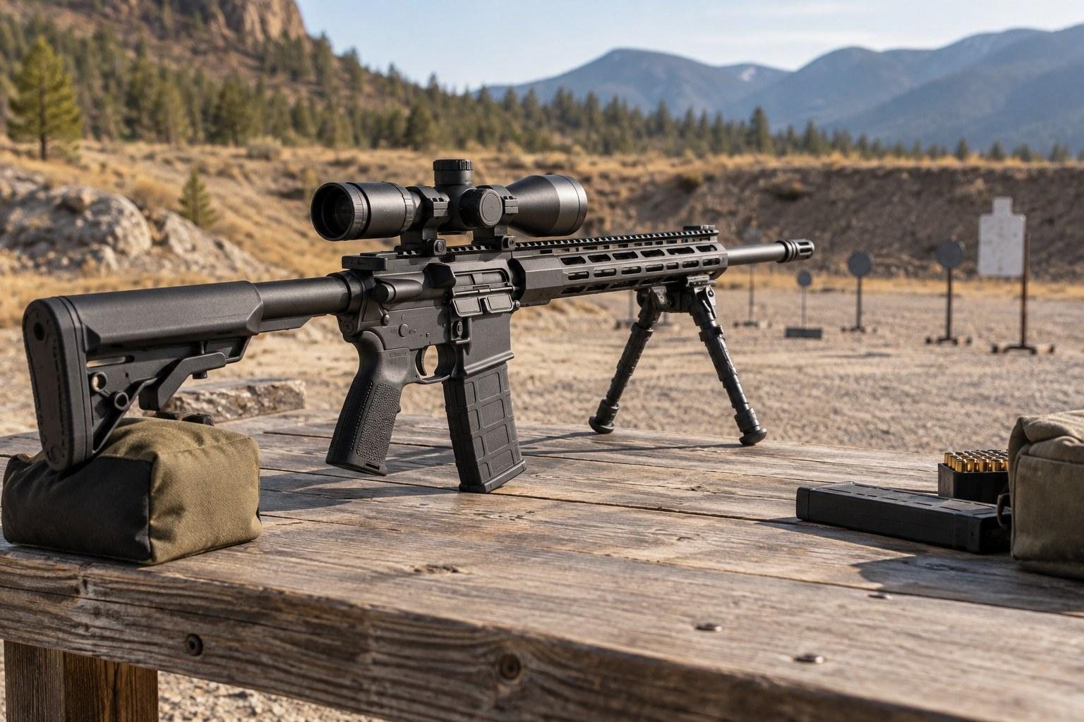 Black scoped rifle with bipod resting on a wooden bench at an outdoor range.