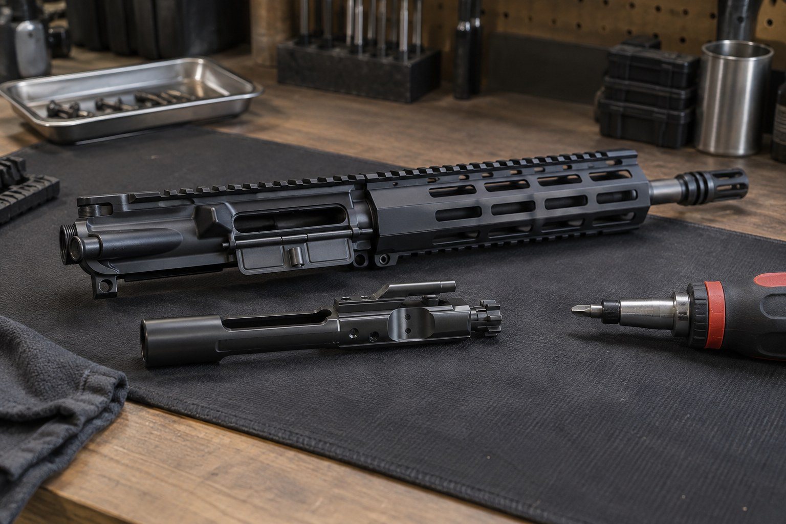 Disassembled black rifle upper receiver on a workbench beside a screwdriver and metal trays.