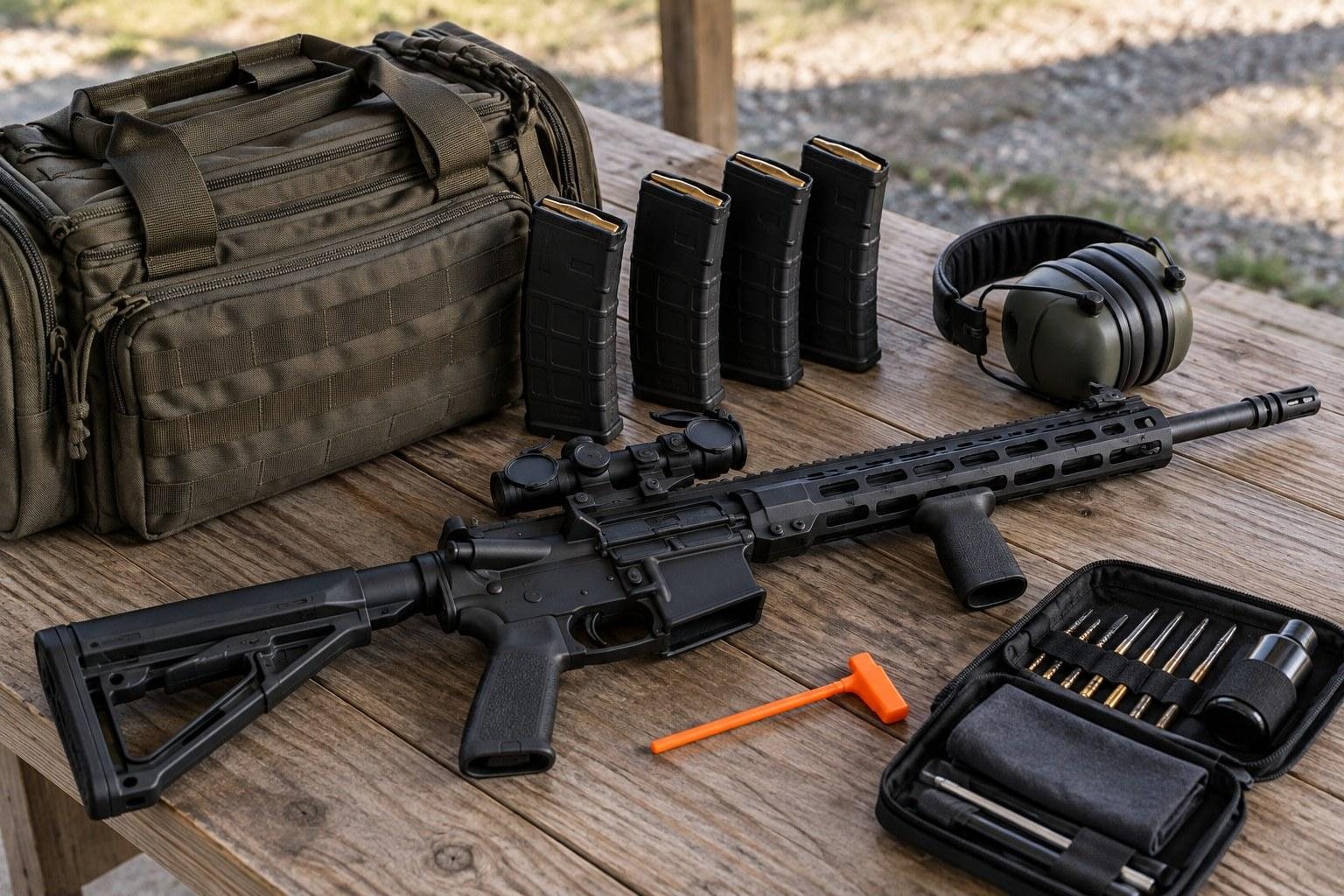 Black rifle, magazines, hearing protection, tactical bag, and tools arranged on a wooden table.