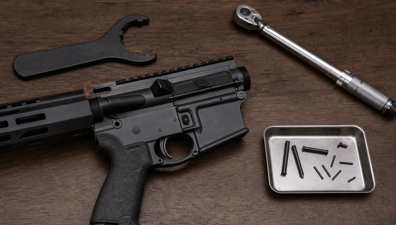AR-15 upper and lower receivers on a dark walnut workbench with an armorer's wrench, torque wrench, and a parts tray of takedown pins.