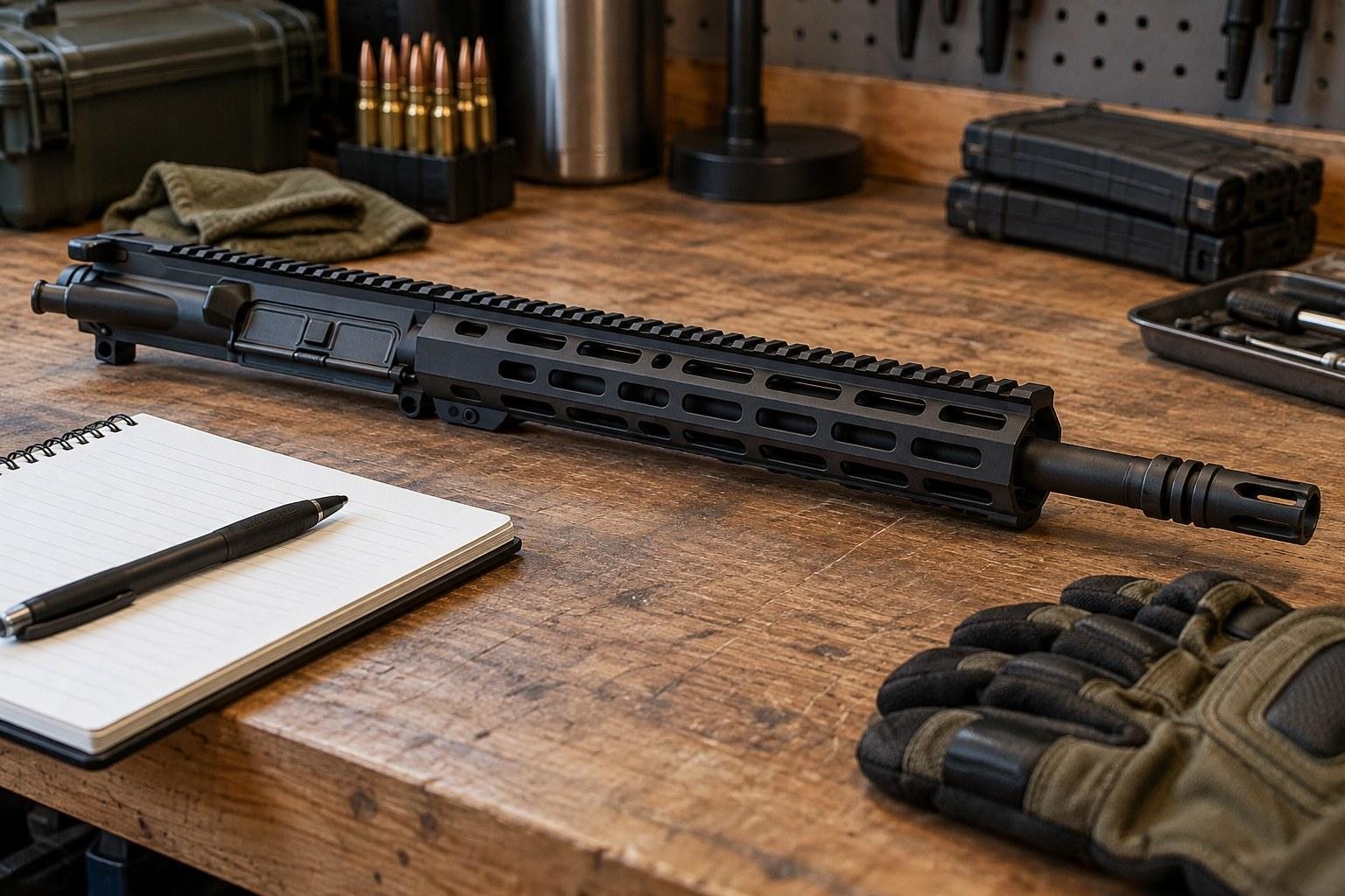 Black rifle upper assembly on a wooden workbench beside a notebook, pen, gloves, and workshop equipment.