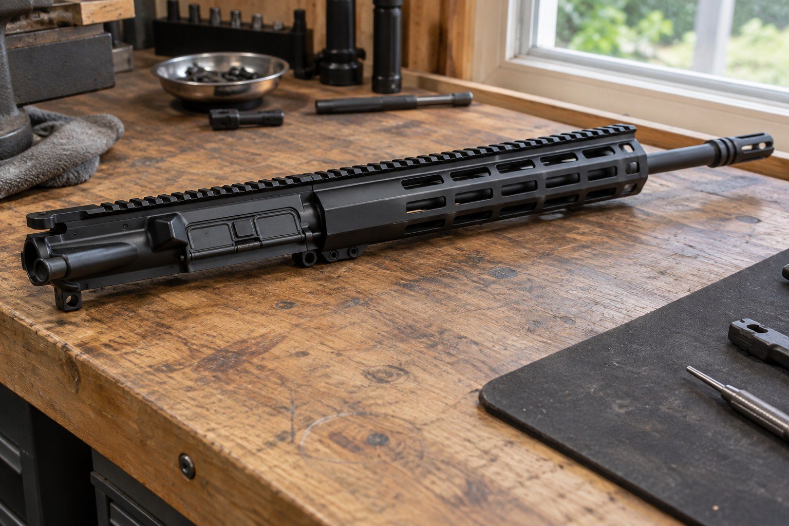 Black rifle upper assembly resting diagonally on a wooden workbench beside tools and a sunlit window.
