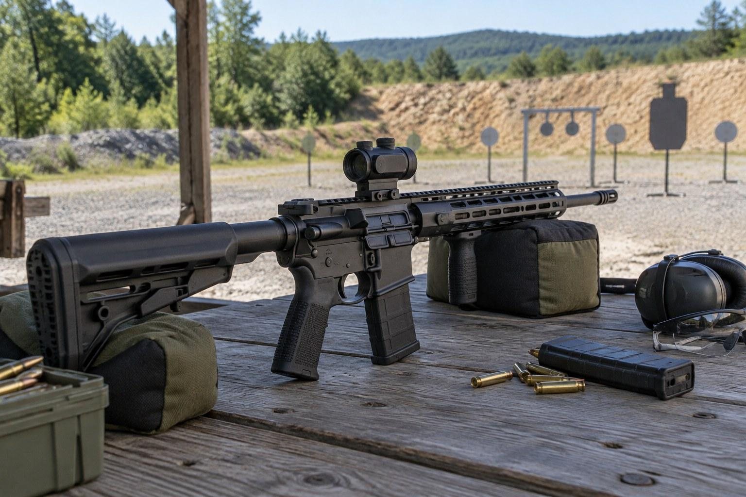 Black rifle with optic standing on a shooting bench, surrounded by ammunition, cases, and outdoor targets.