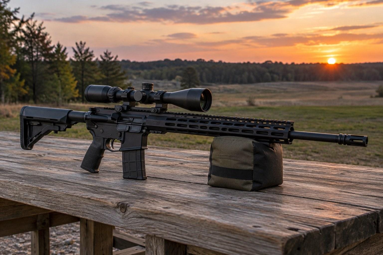 Scoped black rifle supported on a sandbag atop a wooden table during a colorful sunset.