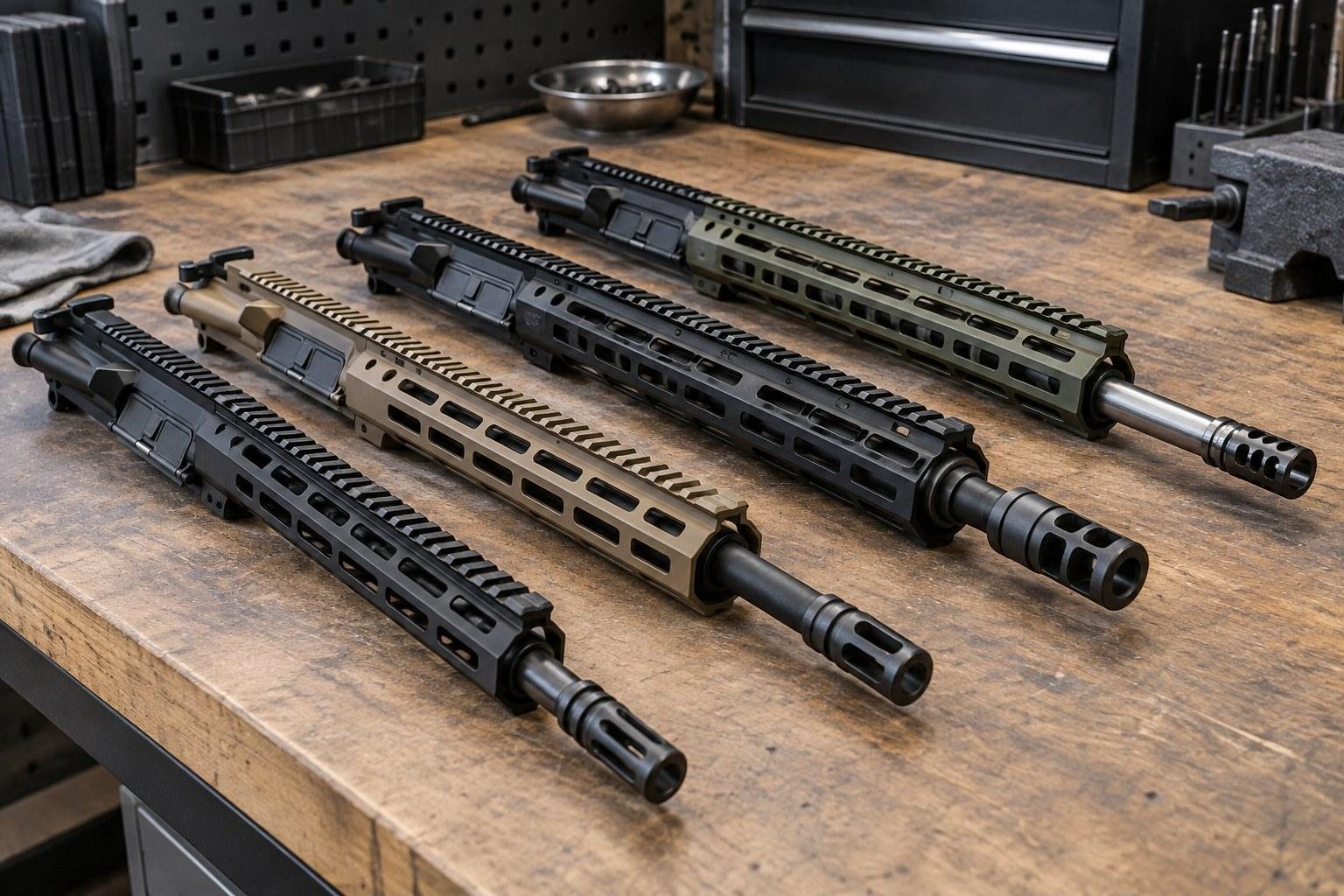 Four long black and tan rifles arranged diagonally on a wooden workbench in a workshop.