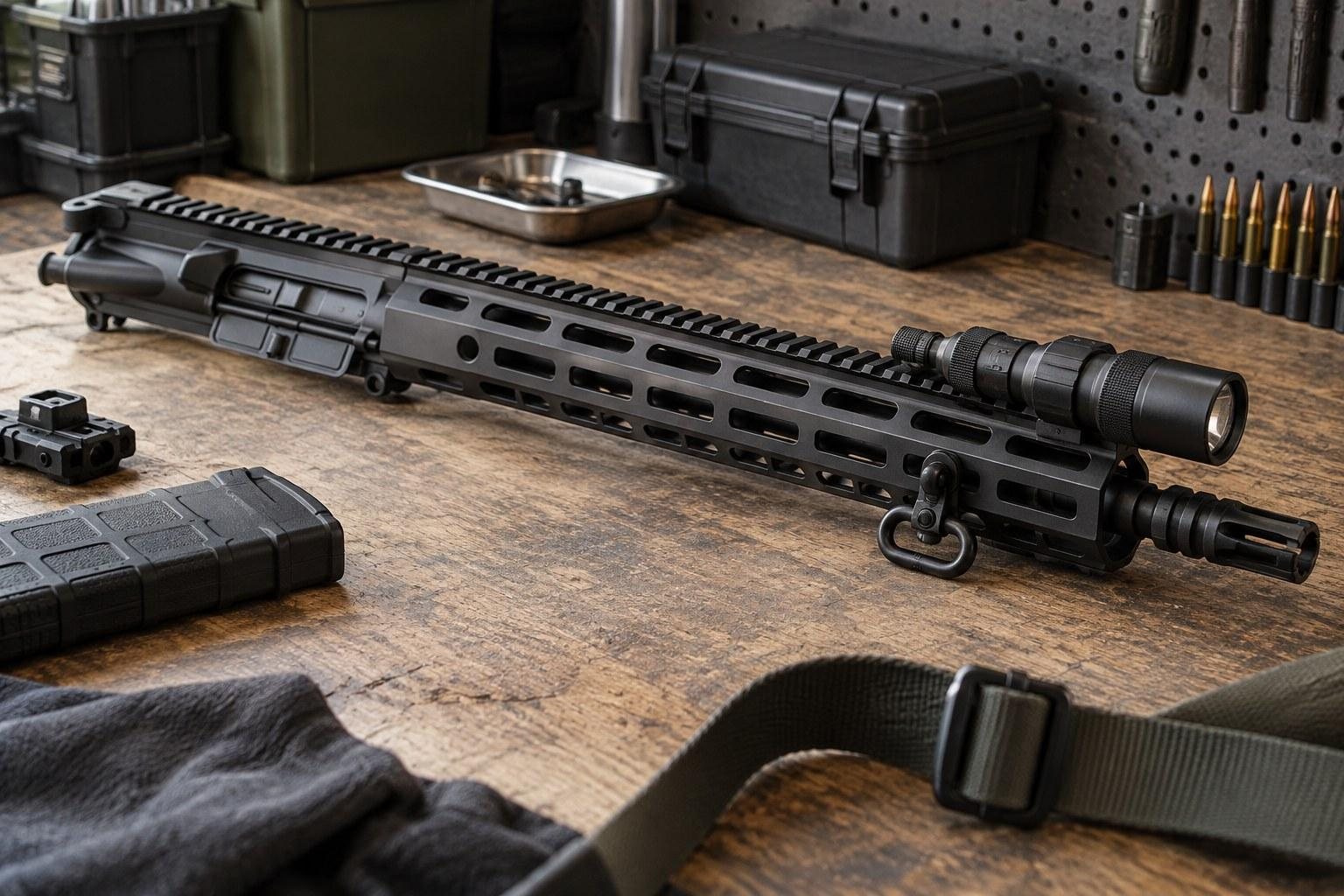 Black rifle with mounted scope resting on a wooden workbench beside cases and shooting accessories.