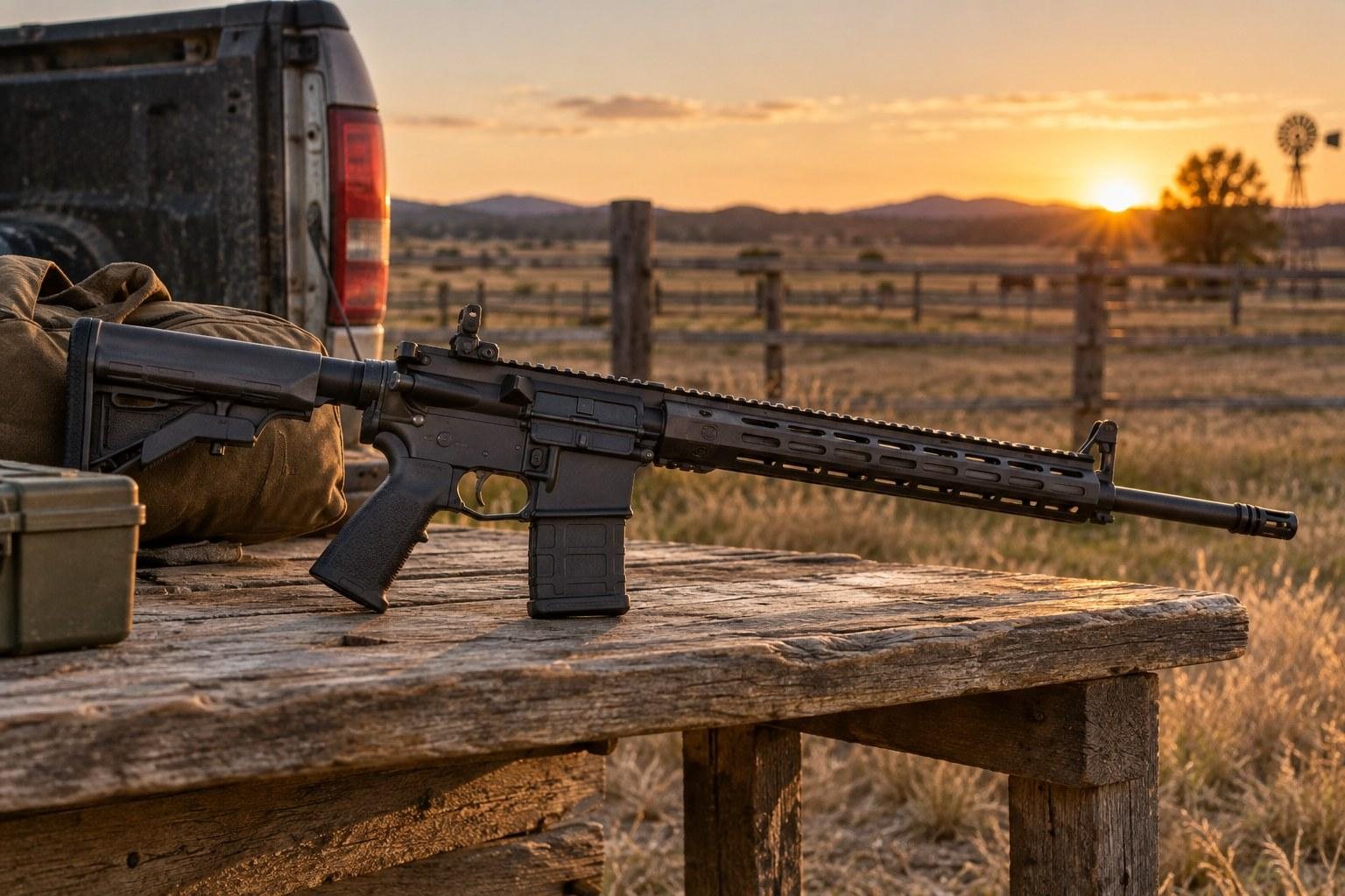 Black rifle resting on a wooden table beside a pickup truck at sunset in a rural field.