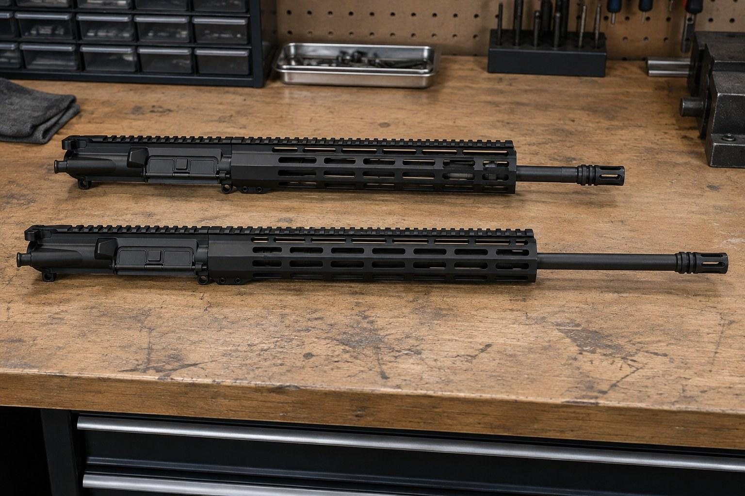 Two black rifle upper assemblies laid parallel on a wooden workshop bench.