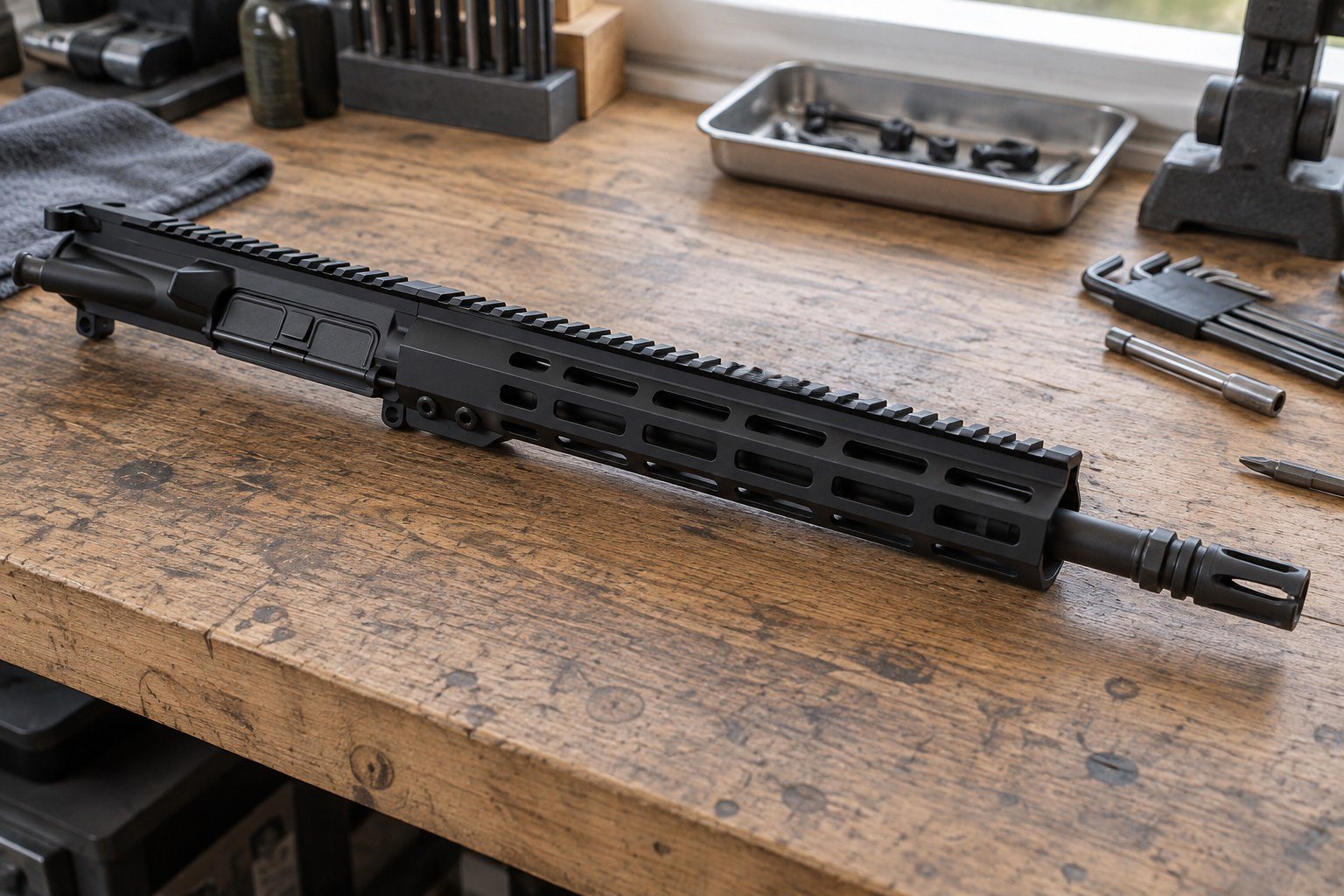 Black rifle upper assembly on a wooden workbench with metal trays and loose tools nearby.