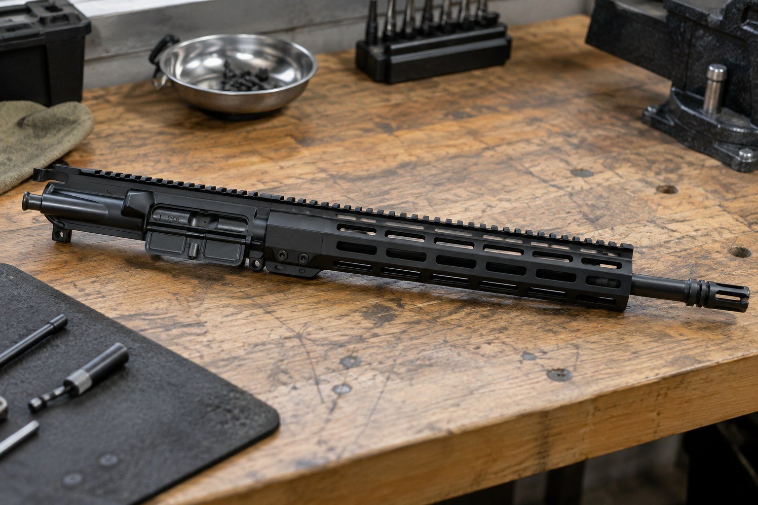Black rifle upper receiver resting on a wooden workbench beside tools and metal trays.