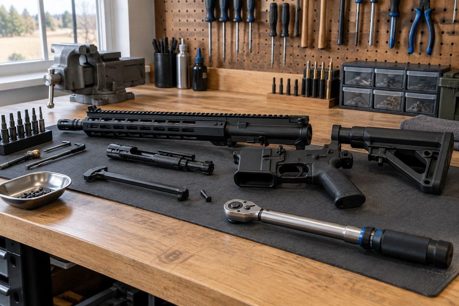 Disassembled black rifle components, tools, ammunition, and workshop equipment arranged across a wooden workbench.