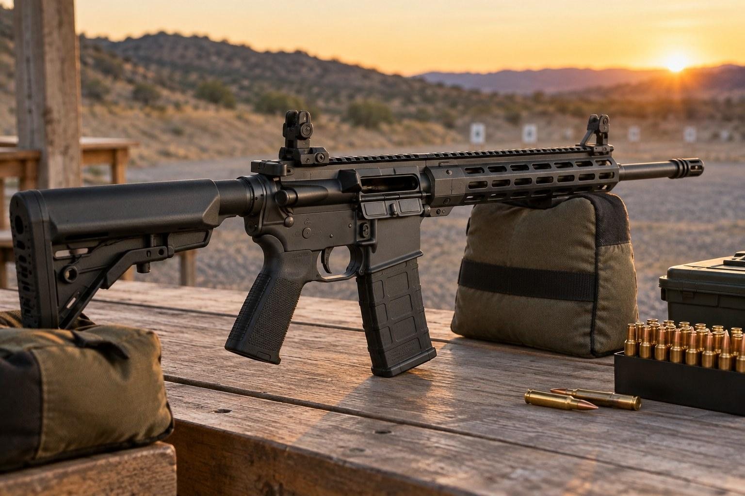 Black rifle with optic on a wooden bench overlooking mountains at sunset.