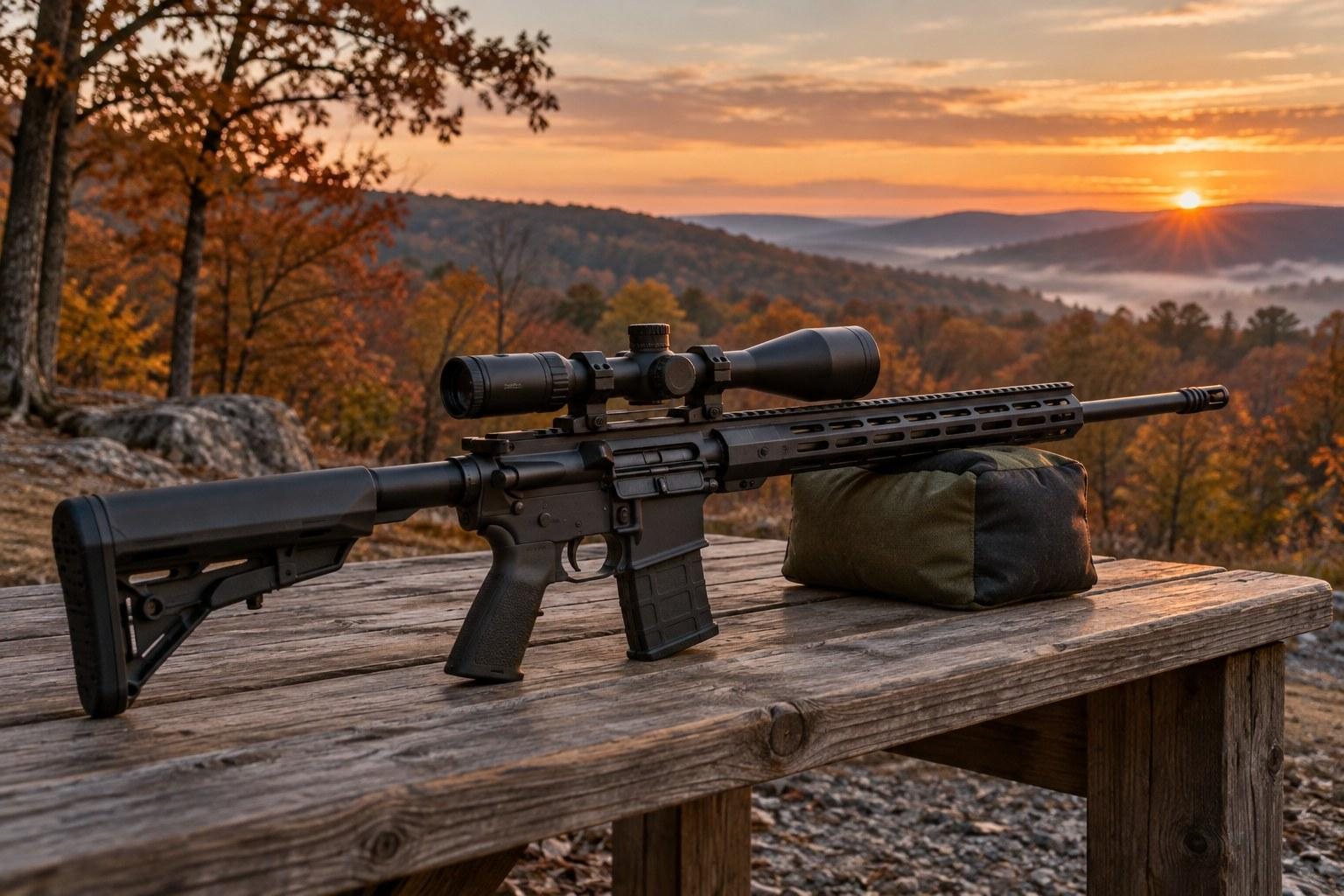 Scoped black rifle resting on a wooden bench overlooking autumn hills at sunset