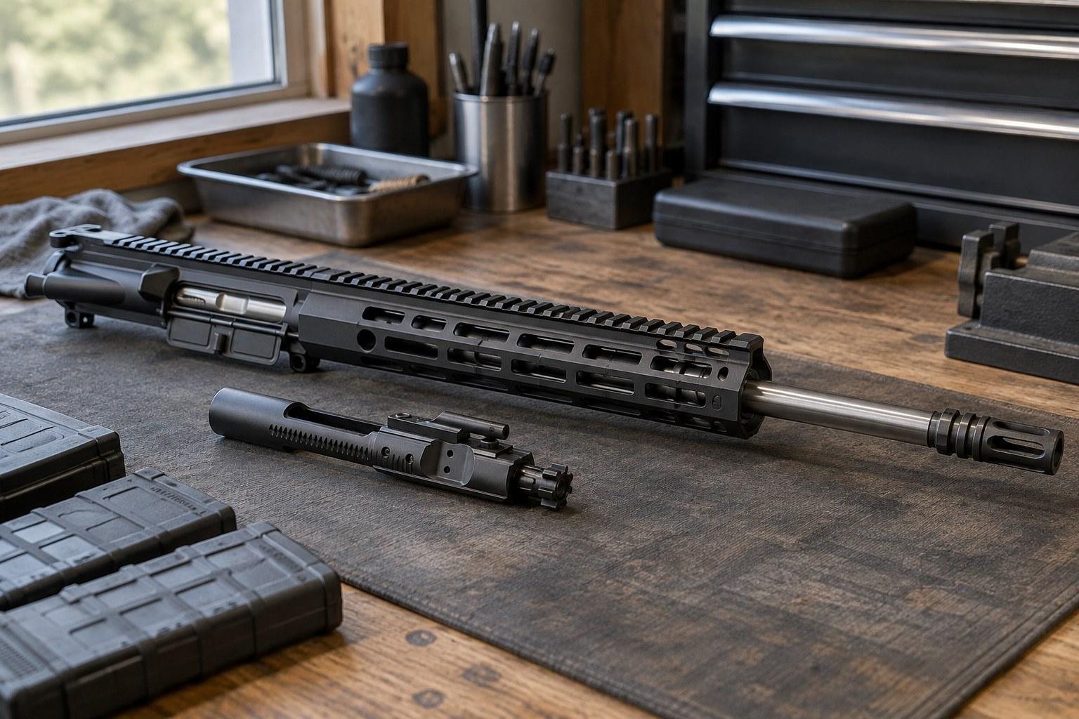 Disassembled black rifle components arranged on a workbench beside tools and storage cases