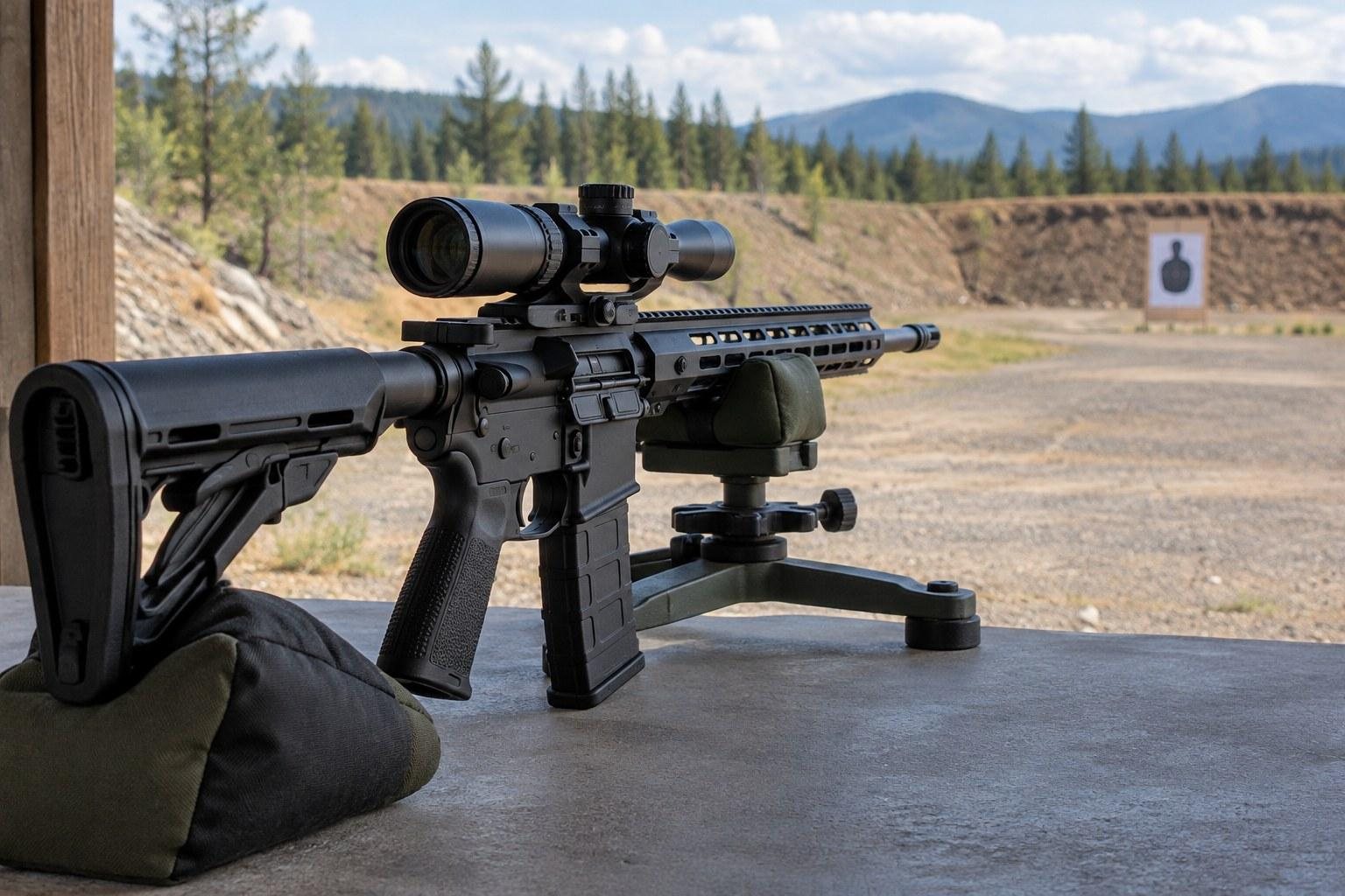 Black scoped rifle on a bench at an outdoor shooting range with forested mountains beyond