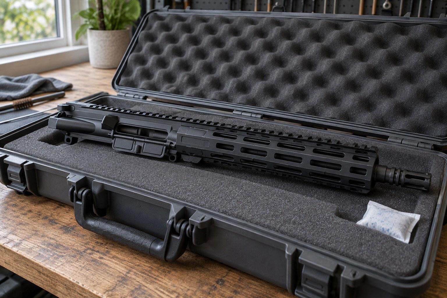 Black firearm displayed inside an open hard case with foam lining on a wooden table.