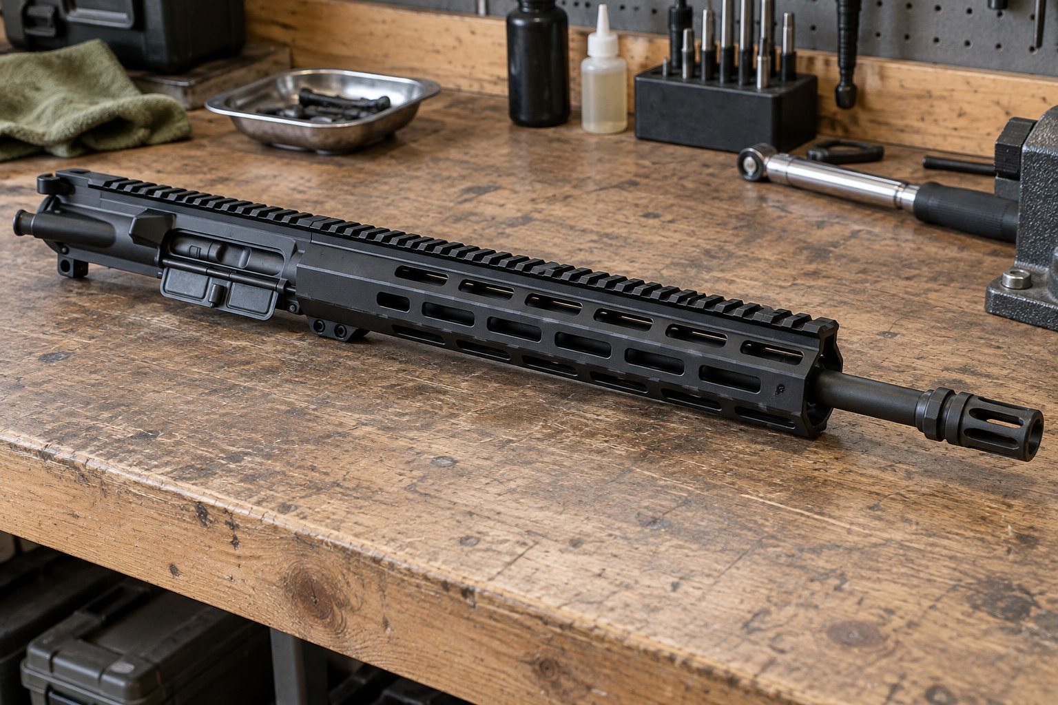 Black long firearm resting on a wooden workbench with tools and metal parts in the background.