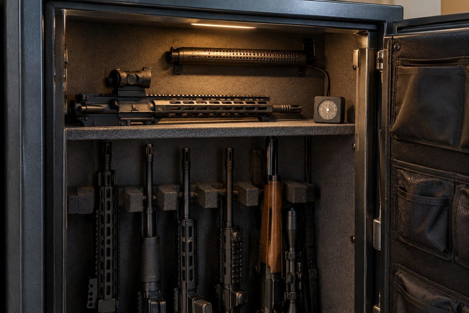 Open dark storage cabinet containing several long firearms, a scope, and a coiled metal component.